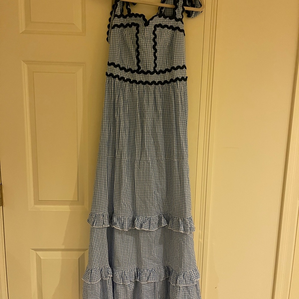 Chakeris Charleston Blue Gingham Dress with Ruffle Details